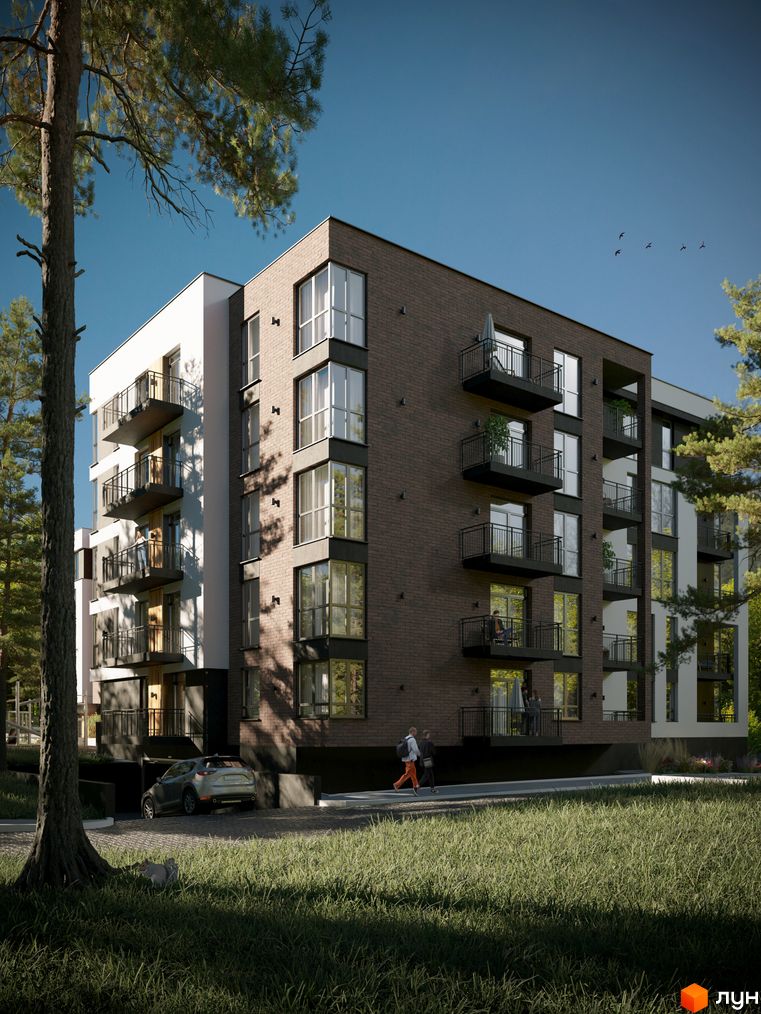 Житловий комплекс SVOЇ PARKHOUSE: багатоповерховий будинок з темно-цегляним та білим фасадом, балконами, оточений деревами та травою.
