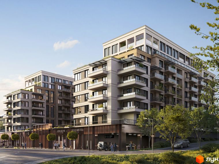OLEGIV Boutique Residence - зображення фасаду будинку з балконами та терасами. На передньому плані прибудинкова територія з деревами та дорогою.