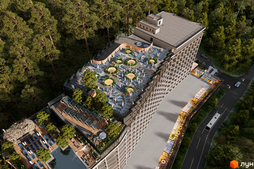 Апарт-комплекс Mountain Residence з терасою та басейном, оточений лісом. Сучасна архітектура новобудови з місцями для відпочинку.