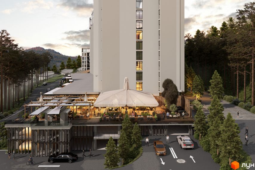 Апарт-комплекс Mountain Residence з терасами та зонами відпочинку біля лісу. Зовнішній вигляд будівлі та прибудинкова територія.