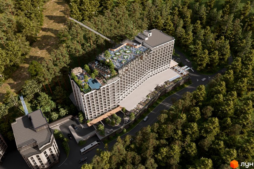 Апарт-комплекс Mountain Residence з багатоповерховою будівлею та терасами, розташований серед дерев. Територія комплексу включає басейн, зони відпочинку та під'їзні шляхи.