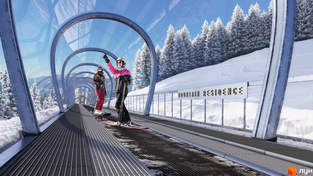 Апарт-комплекс Mountain Residence з футуристичним скляним тунелем та лижниками на фоні засніжених гір та ялинок.