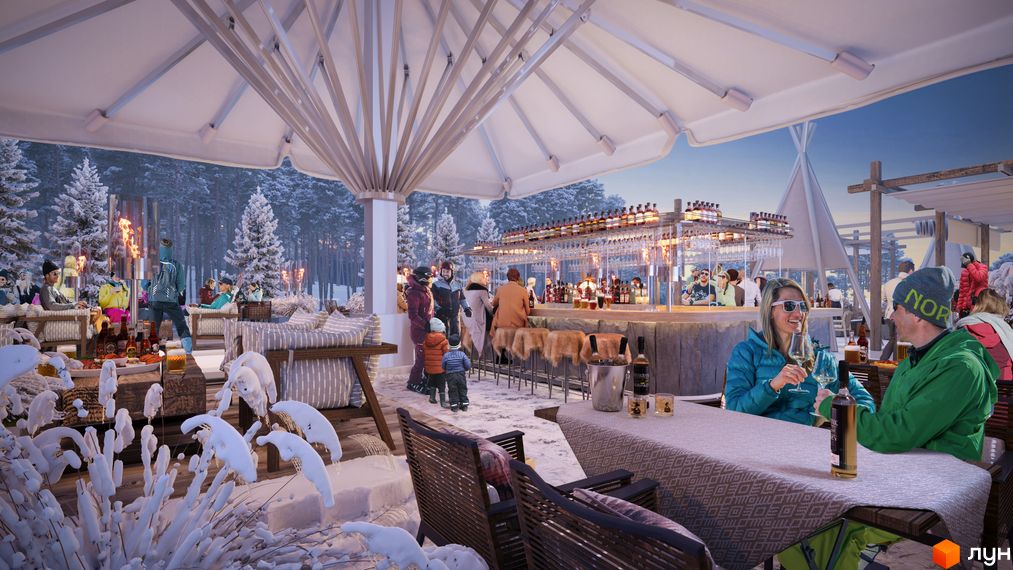Mountain Residence - апарт-комплекс біля гірськолижного курорту. Відкрита тераса з баром та зонами відпочинку в оточенні засніженого лісу.