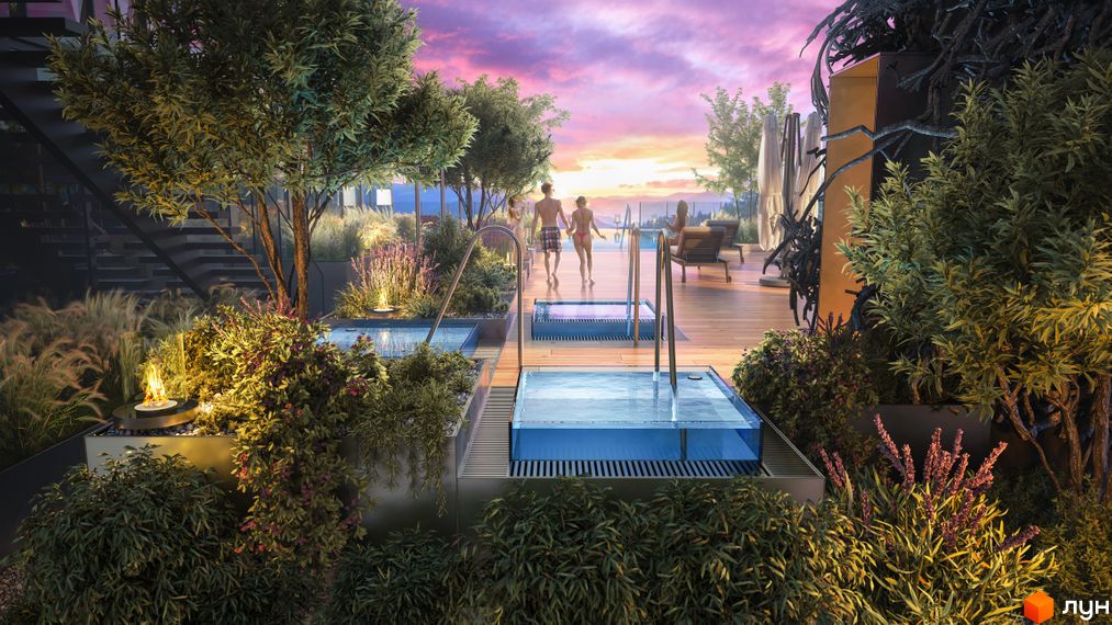 Апарт-комплекс Mountain Residence з басейнами та зонами відпочинку на даху. Насолоджуйтесь заходом сонця біля води серед зелені.