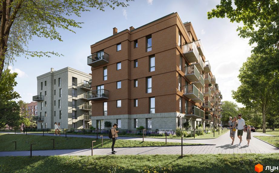 Зовнішній вигляд житлового комплексу WAWEL з цегляним фасадом та балконами, а також доглянута прибудинкова територія з пішохідними доріжками та зеленими насадженнями.