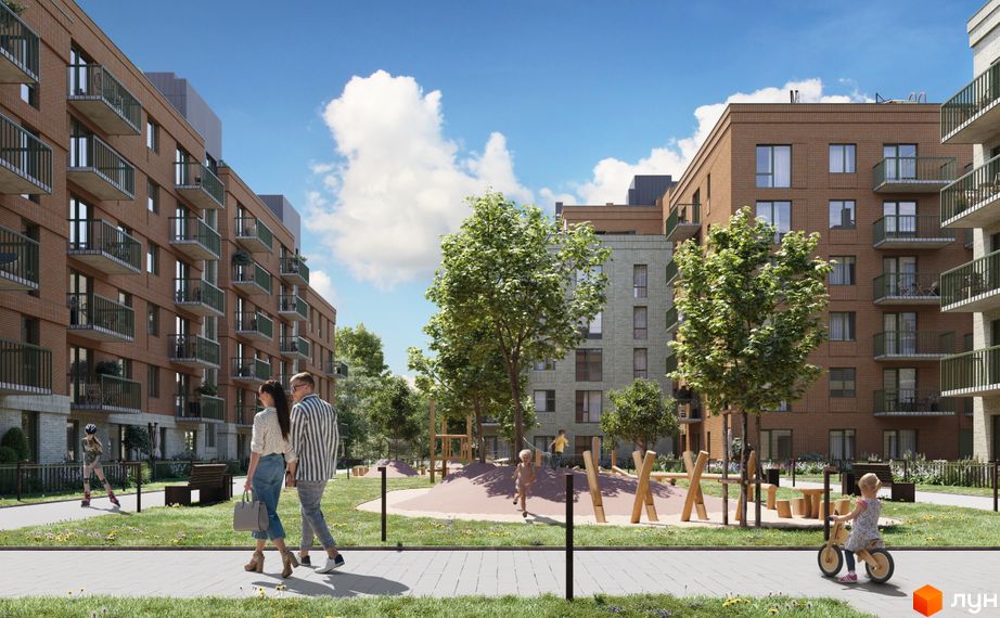 Житловий комплекс WAWEL з цегляними фасадами та балконами, внутрішній двір з дитячим майданчиком та зеленими насадженнями.