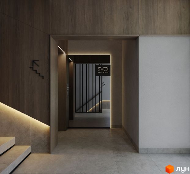 Інтер'єр холу ЖК SVOЇ PARKHOUSE з дерев'яним оздобленням та підсвічуванням. Вхід до будинку з дизайном у спокійних тонах.