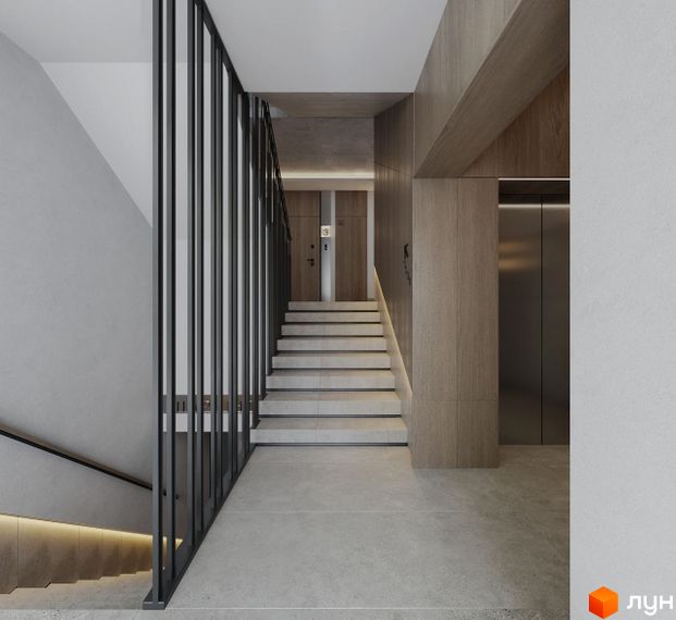 Інтер'єр холу в Будівельний проєкт SVOЇ PARKHOUSE з дерев'яним оздобленням, сходами та ліфтом. Світле приміщення з лаконічним дизайном.