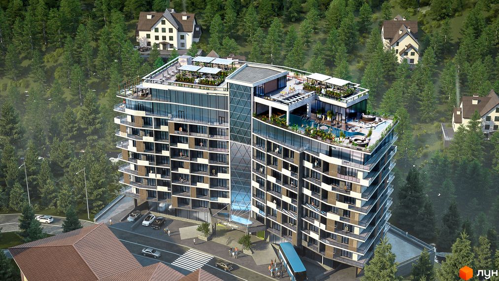 Апарт-комплекс KARDAMON RESORT & SPA з басейном на даху та терасами, оточений лісом. Навколо комплексу розташовані дороги, автомобілі та пішохідні зони.