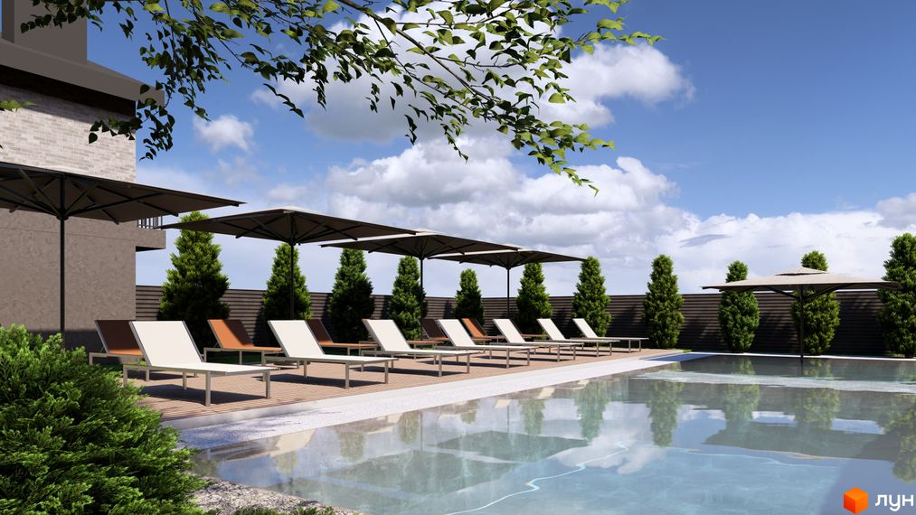 Котеджне містечко Romankiv Village з басейном та шезлонгами. Відпочинок біля басейну під відкритим небом.