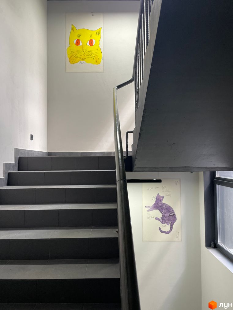 Сходи в під'їзді Житлового комплексу ArtHof з темними сходинками та поручнями. Стіни прикрашені яскравими малюнками котів.