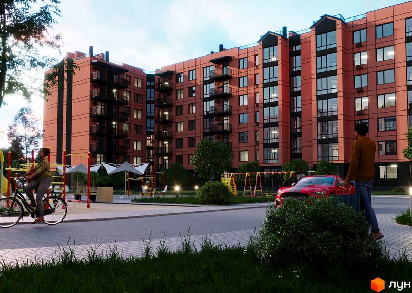 Житловий комплекс Європейські Липки: багатоповерховий будинок цегляного кольору з темними балконами та облаштованою прибудинковою територією з дитячим майданчиком.