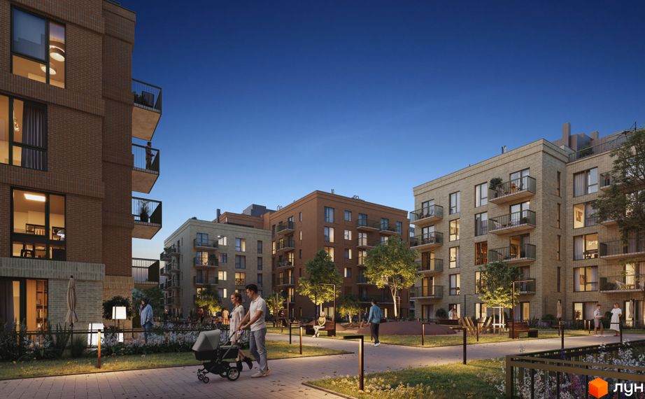 Новобудова ЖК WAWEL з цегляним фасадом та індивідуальними балконами. На прибудинковій території облаштовані зони відпочинку та дитячі майданчики.