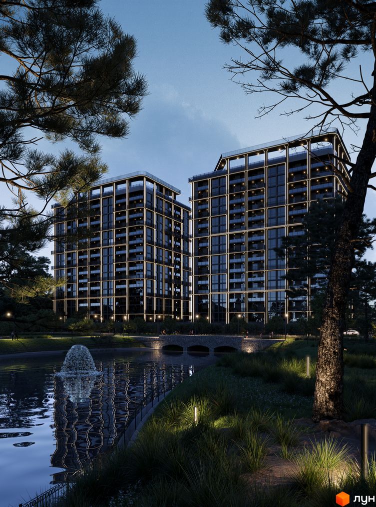 Зображення двох багатоповерхівок у ЖК PARK AVENUE premium з великими вікнами та підсвіткою. Навколо будинків зелена територія з озером.