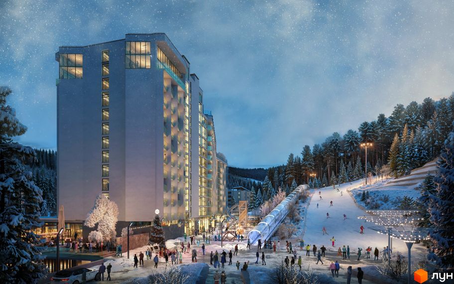 Апарт-комплекс Mountain Residence у Карпатах взимку, з видом на гірськолижний спуск та сучасну будівлю з панорамними вікнами.