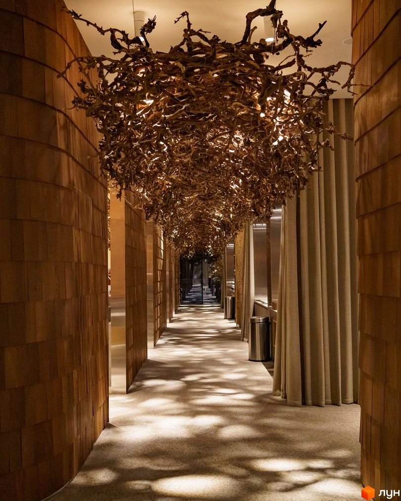 Коридор апарт-комплексу Mountain Residence з дерев'яною обробкою стін та оригінальним освітленням. На підлозі тіні від гілок.