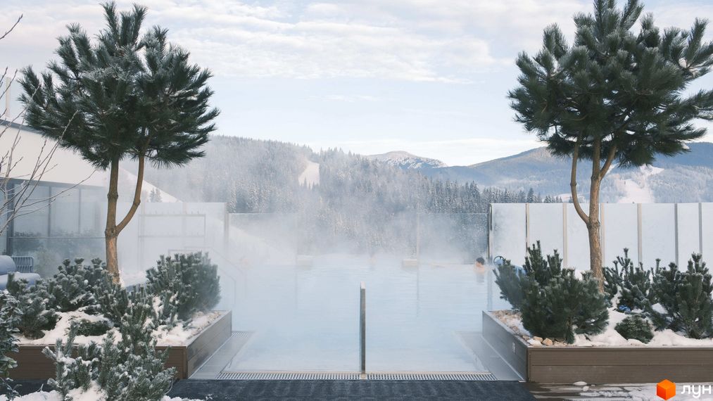 Апарт-комплекс Mountain Residence з відкритим басейном та зимовим гірським пейзажем. Навколо басейну висаджені декоративні ялини та сосни, що створюють затишну атмосферу.
