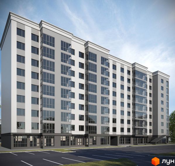 Зовнішній вигляд новобудови ЖК Сафрон з великою кількістю вікон та прибудинковою територією з парковкою.