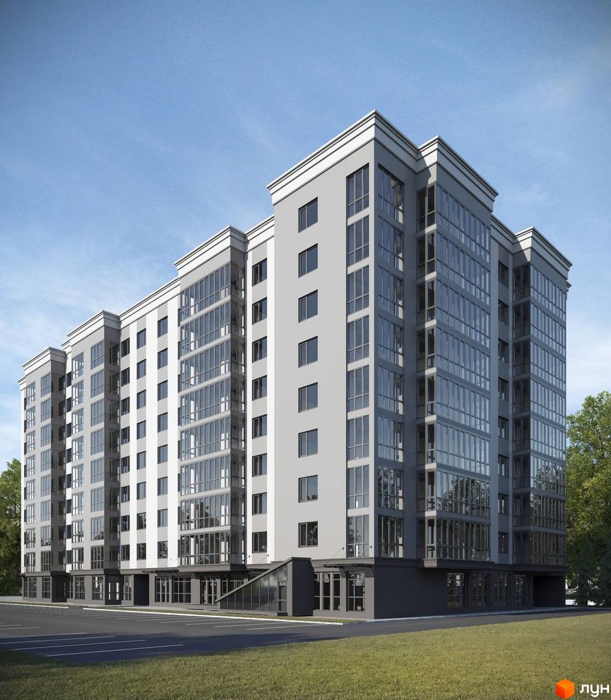 Зовнішній вигляд новобудови ЖК Сафрон з великою кількістю скління та сірими фасадами. Навколо будинку розташована доглянута прибудинкова територія з травою та парковкою.