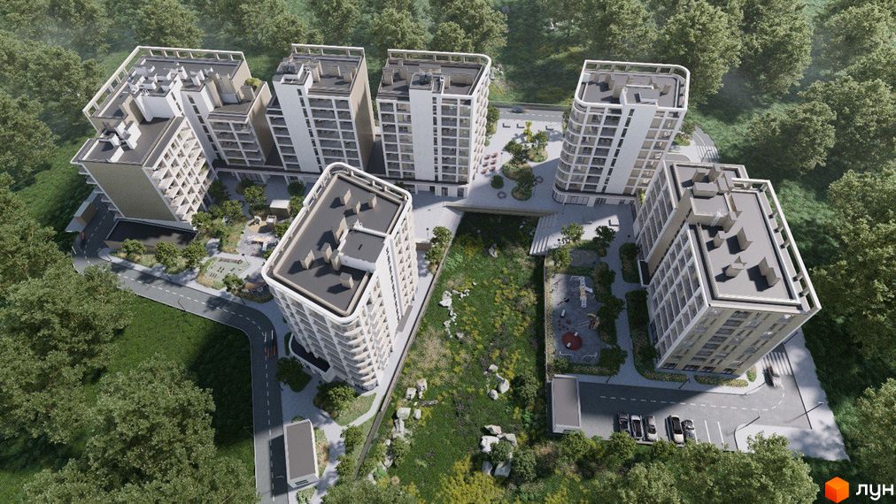 Вигляд житлового комплексу ШЕЛЕСТ з висоти пташиного польоту: багатоповерхові будинки з білими фасадами, поруч зелені насадження та місця для відпочинку.