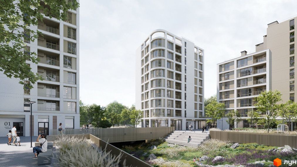 Житловий комплекс ШЕЛЕСТ складається з кількох багатоповерхових будинків з великими вікнами та балконами. Навколо облаштована зелена територія з пішохідними зонами.