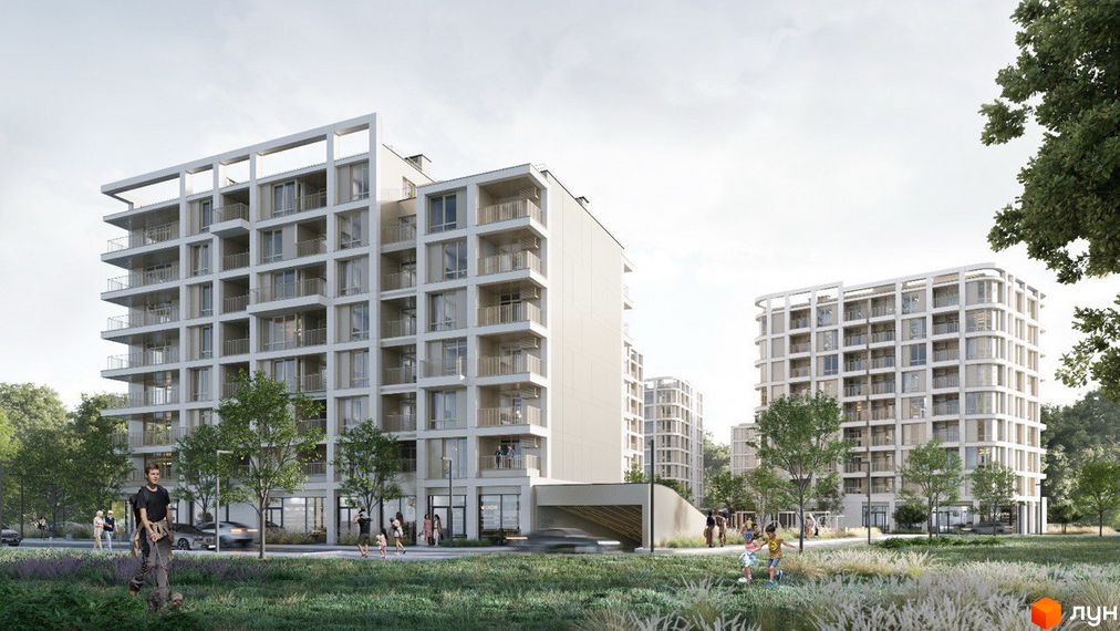 Житловий комплекс ШЕЛЕСТ з сучасними фасадами та просторою прибудинковою територією з озелененням та місцями для відпочинку.