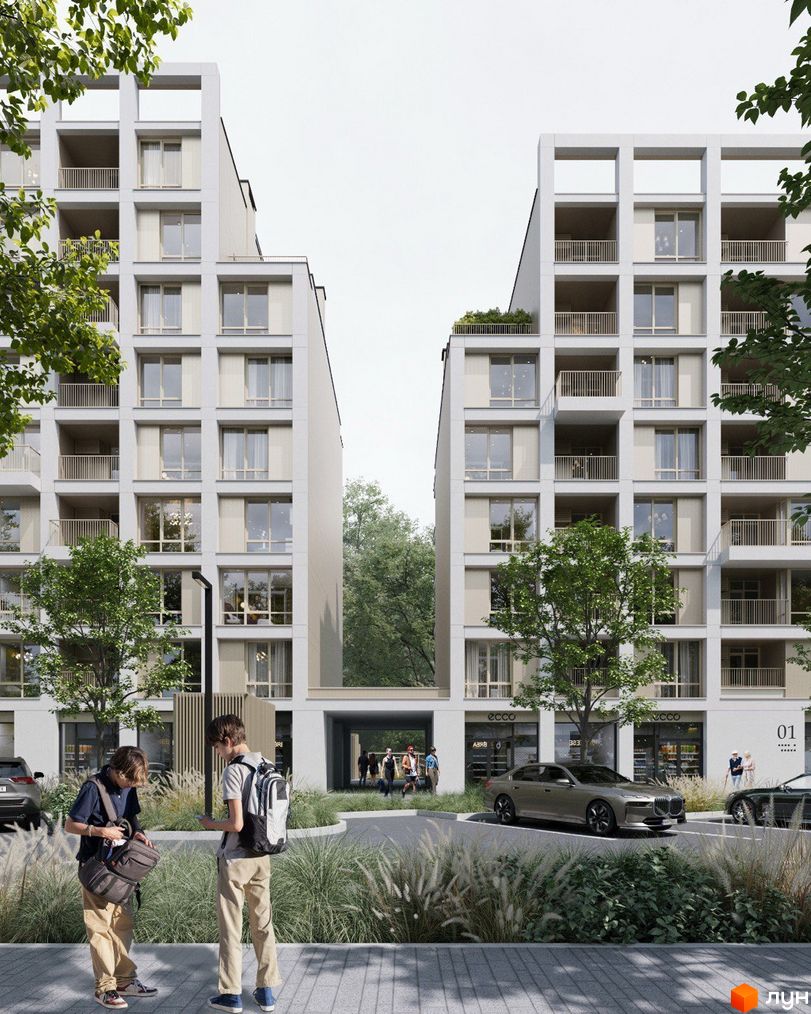 Два багатоповерхові будинки Житлового комплексу ШЕЛЕСТ зі світлими фасадами та балконами. Прибудинкова територія з зеленими насадженнями та парковкою.