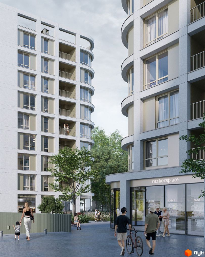 Житловий комплекс ШЕЛЕСТ: світлі будинки з вигнутими фасадами та балконами. На території є зелені зони та магазини.