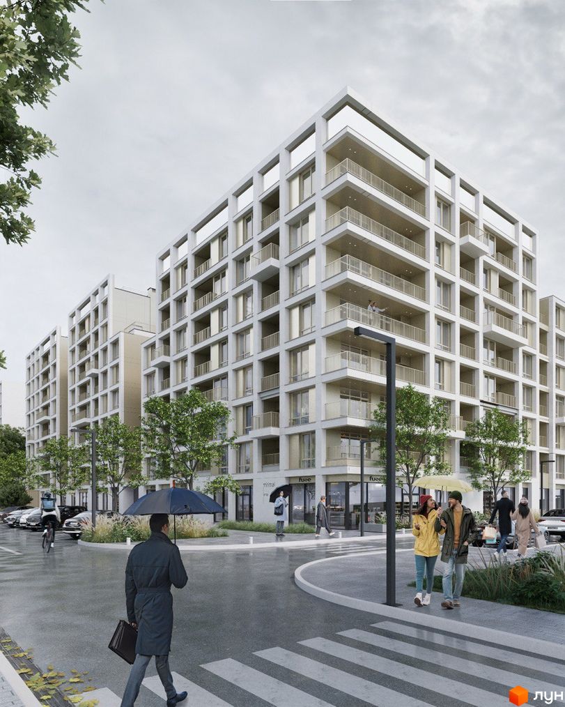 Житловий комплекс ШЕЛЕСТ має багатоповерхові будинки зі світлим фасадом, виразними прямокутними елементами та балконами. Прибудинкова територія включає мокру дорогу, пішохідний перехід та зелені насадження.