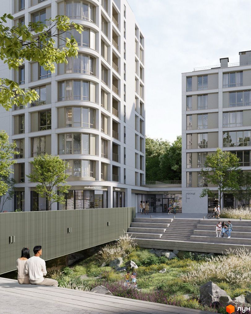 Житловий комплекс ШЕЛЕСТ з багатоповерховими будинками світлого кольору та великими вікнами. Навколо облаштована зелена територія з деревами, сходами та місцями для відпочинку.