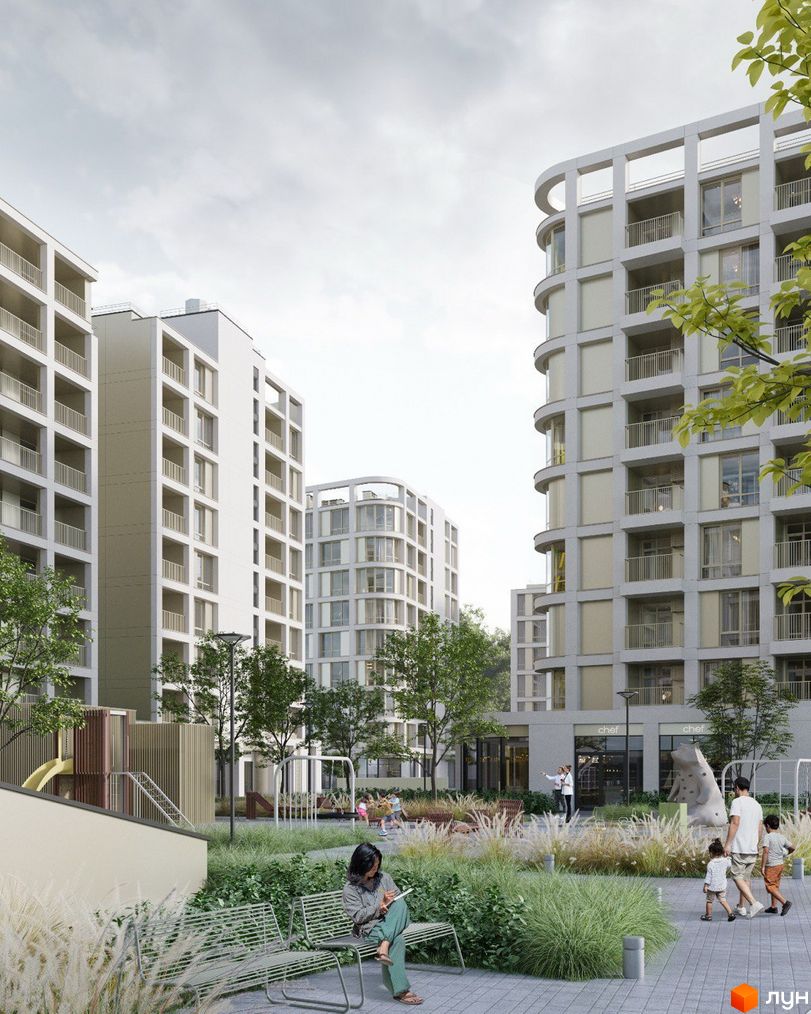 Житловий комплекс ШЕЛЕСТ: багатоповерхові будинки світлого кольору з балконами та великими вікнами. Прибудинкова територія має зелені насадження, дитячий майданчик та зони для відпочинку.