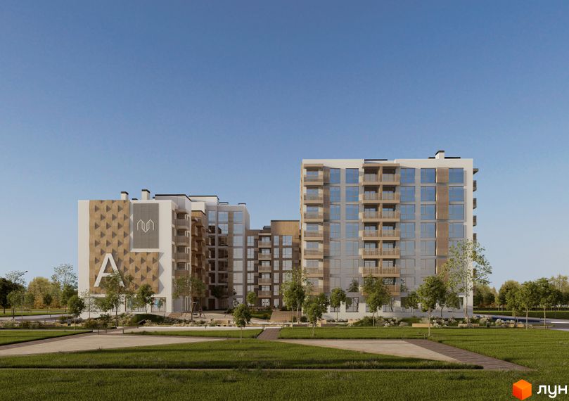 Високоповерховий будинок ЖК AUROOM DISTRICT з великими вікнами та балконами. На території комплексу зелені газони та дерева.
