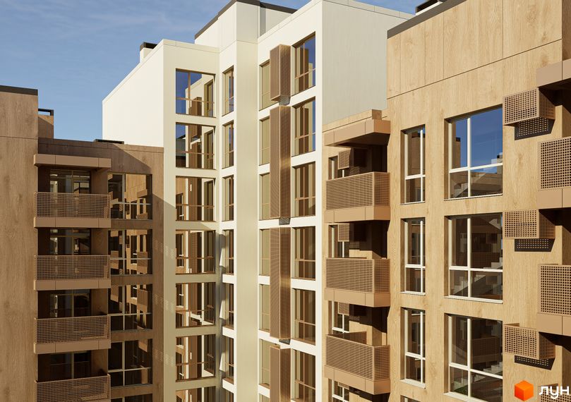 Високоповерховий будинок ЖК AUROOM DISTRICT з панорамними вікнами та балконами, оздоблений деревом. Архітектура житлового комплексу гармонійно поєднується з навколишнім середовищем.