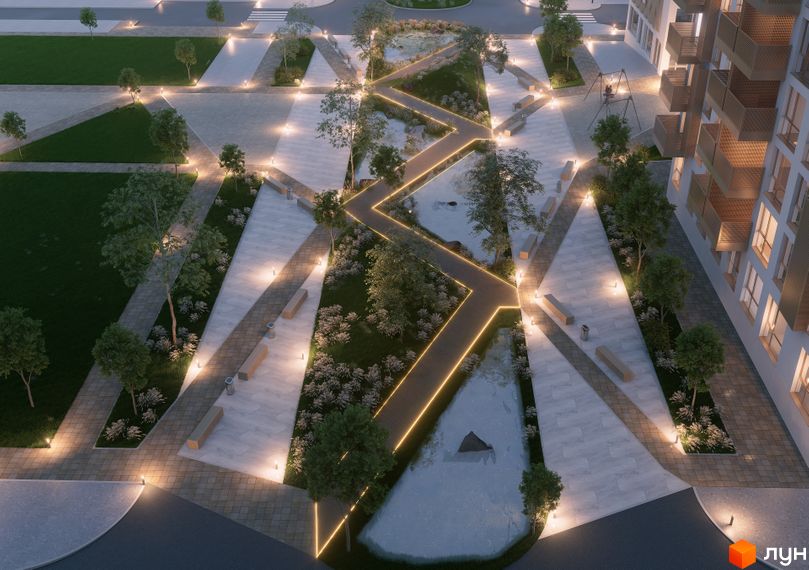 Зображення сторінки ЖК AUROOM DISTRICT. Архітектура житлового комплексу з сучасним дизайном, простора прибудинкова територія з озелененням, лавками та освітленням.