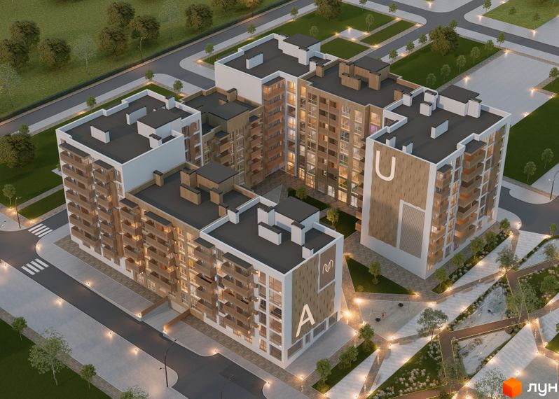 Високоповерхова забудова ЖК AUROOM DISTRICT з фасадами у світлих тонах. На території комплексу є тротуари, зелені зони та вуличне освітлення.