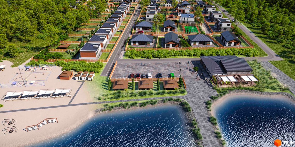Котеджне містечко КМ Secret Lake House з сучасними будинками та доглянутою прибудинковою територією з озером та пляжем.