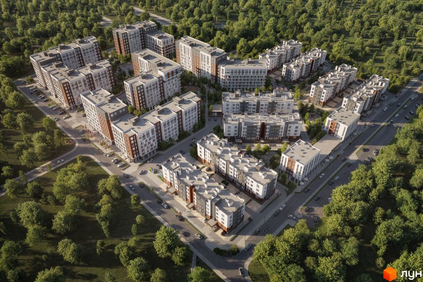 Зовнішній вигляд житлового комплексу Dobre Misto з багатоповерховими будинками та прибудинковою територією з деревами та дорогою.