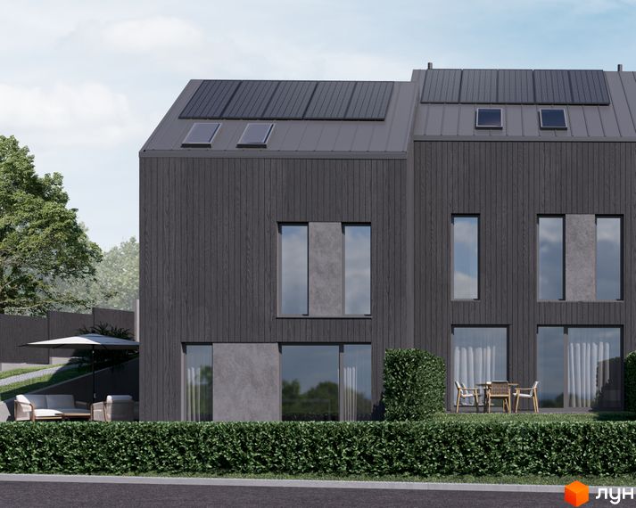Таунхауси Volytsia Village Spa з темним фасадом, панорамними вікнами та сонячними панелями. Прибудинкова територія з газоном та живоплотом.