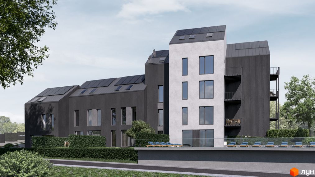 Новобудова Volytsia Village Spa: будівлі з темними фасадами, білою секцією, сонячними панелями. Прибудинкова територія з зеленими насадженнями та басейном.