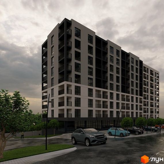 Житловий комплекс Eco Park Truskavets. Зовнішній вигляд багатоповерхового будинку з балконами та паркуванням біля нього.