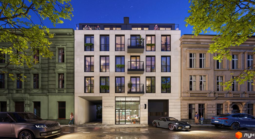 Фасад житлового комплексу URBAN Residence з вікнами, балконами та кав'ярнею на першому поверсі. Поруч розташовані автомобілі та дерева.