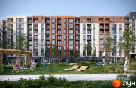 Житловий комплекс SVOÏ CITY з фасадами з білої штукатурки та цегли, з балконами та великими вікнами. Прибудинкова територія з зеленими зонами, лаунж-зоною та дитячим майданчиком.