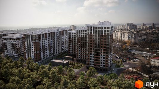 Житловий комплекс Золота Ера з висотними будинками з білими та коричневими фасадами. Навколо будівель зелені насадження та прибудинкова територія.