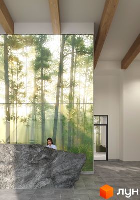 Інтер'єр житлового комплексу Chalet з великою кам'яною стійкою реєстрації та панорамним вікном з видом на ліс. Сучасний дизайн з дерев'яними балками на стелі.