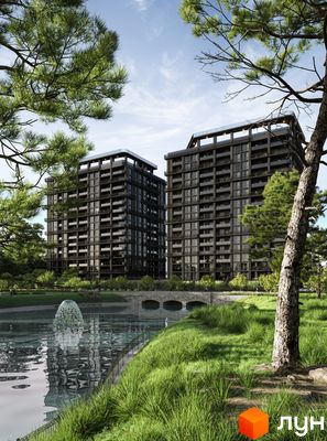 Зображення двох багатоповерхівок Житлового комплексу PARK AVENUE premium з великими вікнами та балконами, розташованих біля озера з фонтаном.