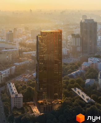 Високоякісний проєкт THE ONE з скляним фасадом та дерев'яними елементами, оточений зеленню та міською забудовою.