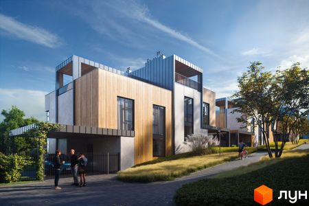 Зображення Котеджного містечка VILLA VISTA: триповерхові будинки з дерев'яним оздобленням та великими вікнами, зелена територія навколо.