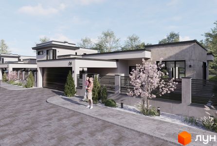 Котеджне містечко Stone Village: фасади будинків з гаражами та прибудинкова територія з деревами та бруківкою. Зовнішній вигляд новобудов та ландшафтний дизайн.