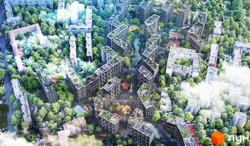 Вид зверху на житловий комплекс City з багатоповерховими будинками та зеленою прибудинковою територією. Комплекс має сучасну архітектуру з терасами та озелененням на дахах.