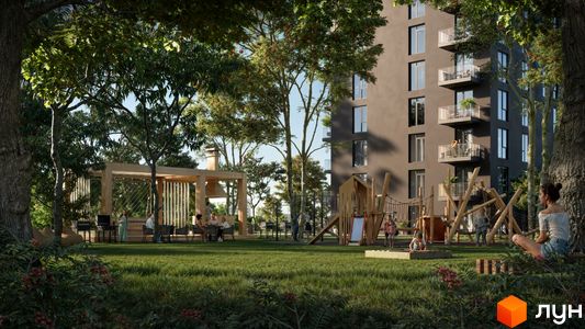 Житловий комплекс Kaiser Forest. На території комплексу розташований дитячий майданчик та зона відпочинку з альтанкою. Будинок має багато балконів.
